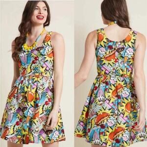 ModCloth Folter Good Enough To Eat Fit Flare Colorful Graphic Print Dress Medium